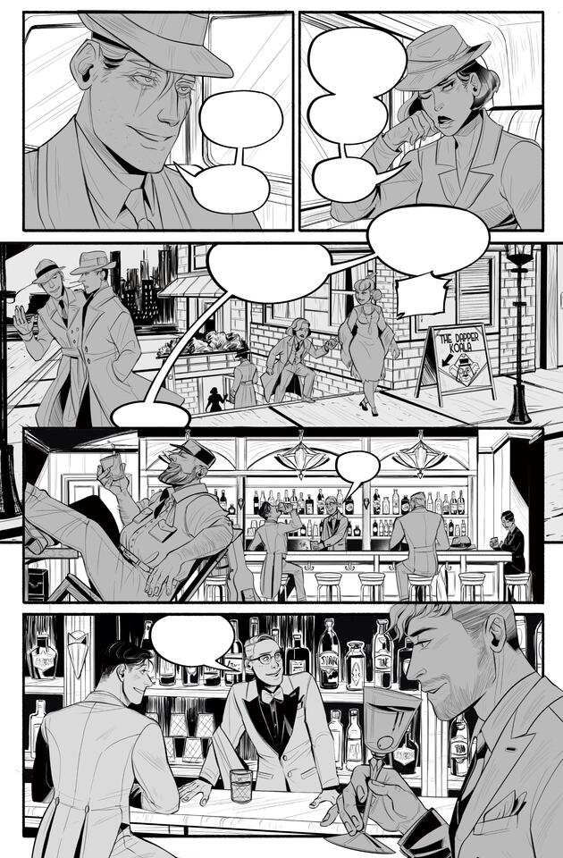 Robust Heat, Ch 6, Pg 06 WIP. This page features one of my special KS tiers, where Backers had a chance to be in the comic (they are the incidentals on the page + the bartender).
